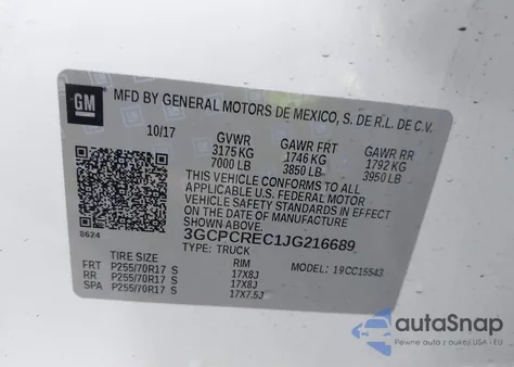 2018 Chevrolet Silverado 1500 1Lt from USA, damaged, VIN 3GCPCREC1JG216689